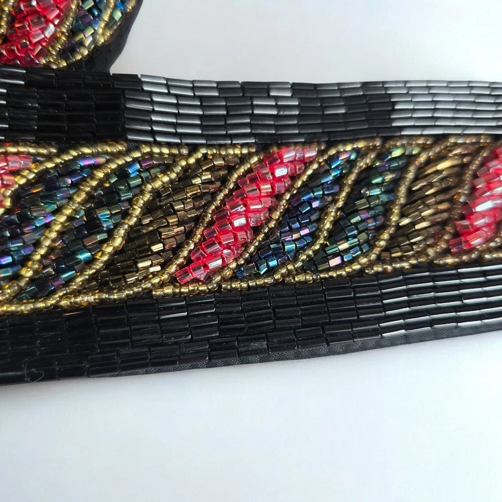 VTG Beaded Black Silk Belt Embellished with Gold‎ Pink Blue Red Geometric Design